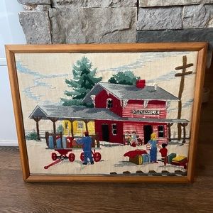 Vintage Handmade Cross Stitch Framed Barn Scene